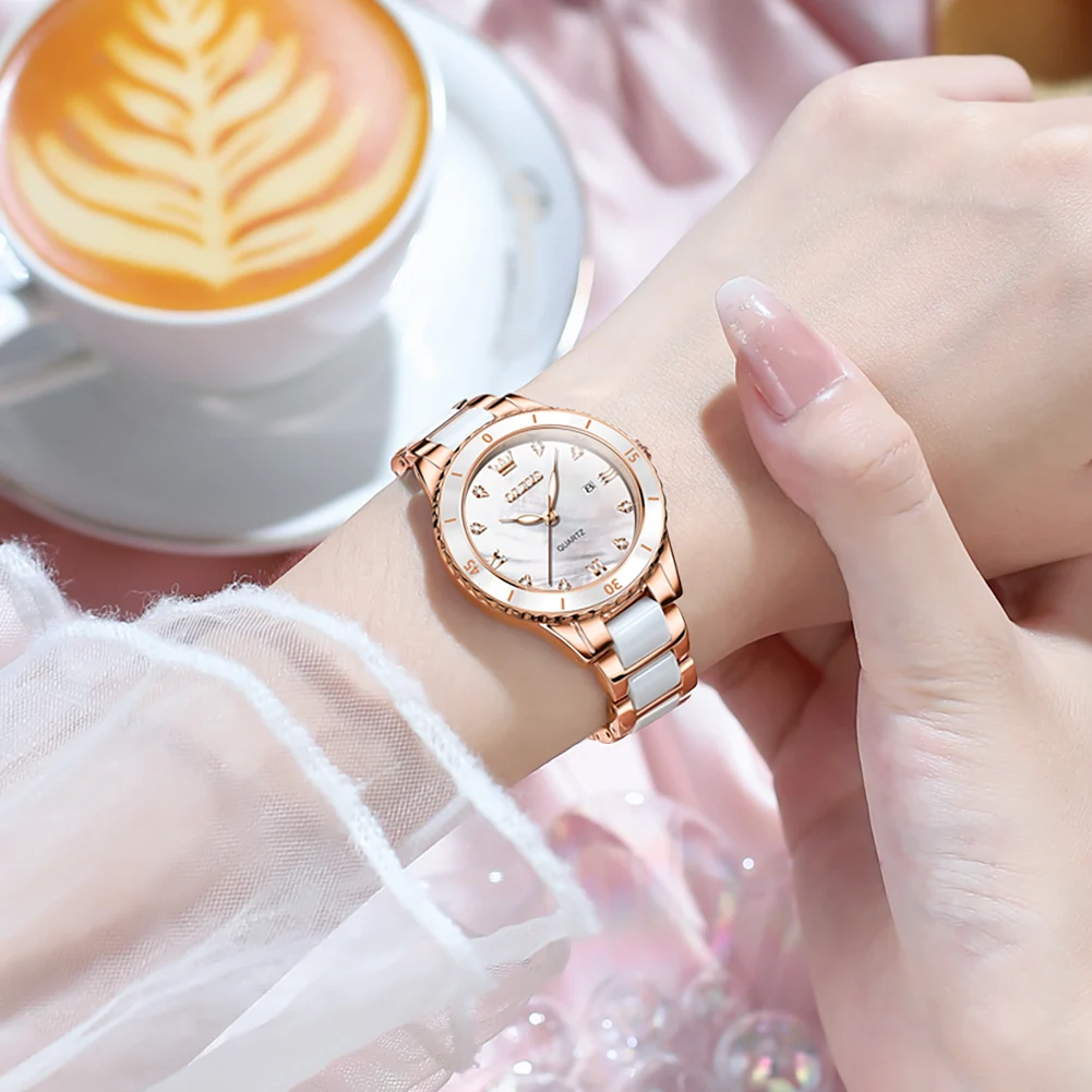 

Watch for Women OLEVS Luxury Ceramics Design Rose Gold Quartz Wristwatches Waterproof Fashion Ladies Watches reloj para mujer