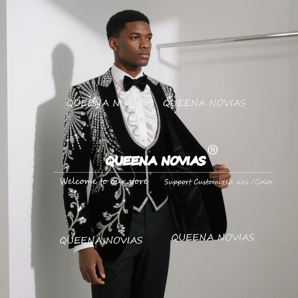 Sparkly Sliver Beaded Crytals Wedding Suits For Men 3 Pieces Customized Single Brasted Groom Blazers Male Fashion Wedding Tuxedo