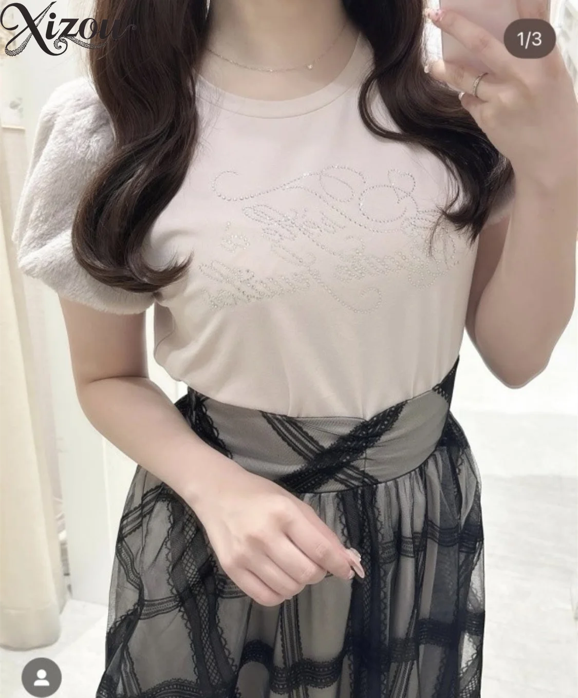 Y2K Women Beaded Rhinestone Round Neck Short Puff Fluffy Bubble Sleeve T-Shirt Letter Top High Waist A-Line Spring Autumn