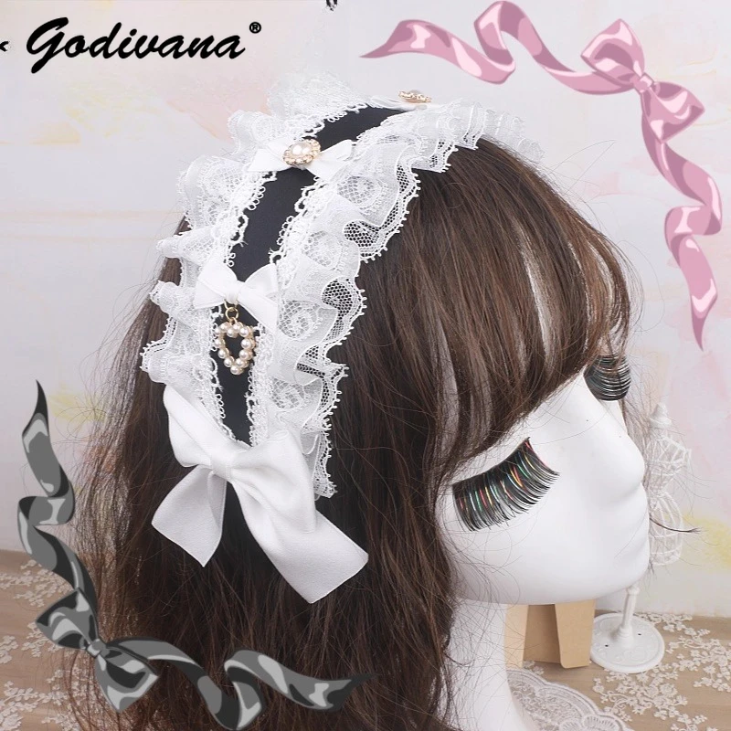 Fascia per capelli fatta a mano giapponese dolce e carina Lolita con fiocco in strass, fascia larga per ragazza, dolce copricapo da donna