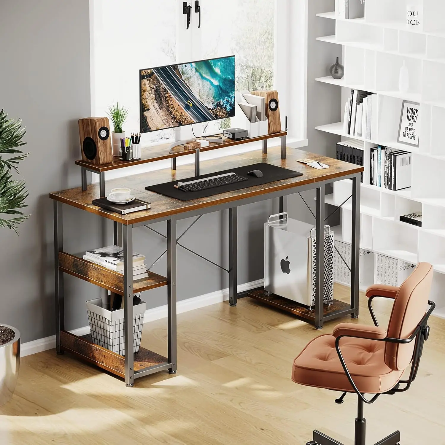 Bureau Gaming de Jeu avec Support D'éCran, Bureau avec Rangement Petit Bureau pour Le Bureau, la Chambre (Marron,120x50x86.5cm)