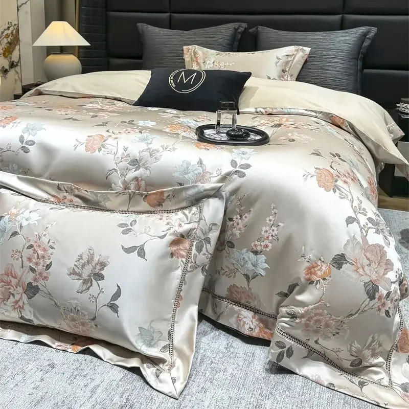 1000TC Egyptian Cotton Blooming Flower Satin Silky Brocade Jacquard Luxury Bedding Set Duvet Cover Flat/Fitted Sheet Pillowcases