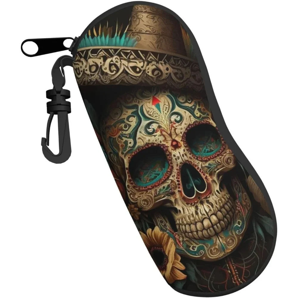 

Day Dead Skull Mexican Mexico Vintage Sunglasses Soft Case for Women Men Glasses Case Zipper Soft Eyeglass Safety Bag with Clip