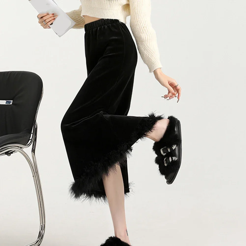 Club Wear Daily Fashion Feather Velvet Skirt Elegant Slit Skirt Casual Vacation Wear For Women Holiday Attire Black