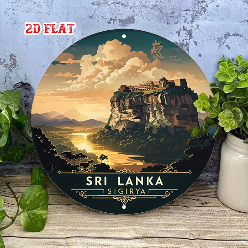 2D Flat, 1pc Sri Lanka Sigiriya Fortress Metal Wall Art - Vintage 2D Flat Round Aluminum Sign with Ancient Ruins & Gate Design,