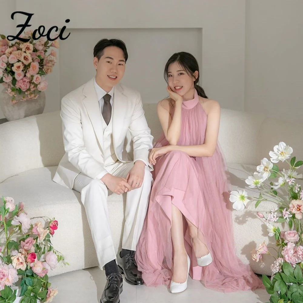 

Zoci Simple Blush Pink Korea Wedding Dresses A Line Halter Neck Piano Performance Dress Customized Photo Shoot Bridal Party Gown