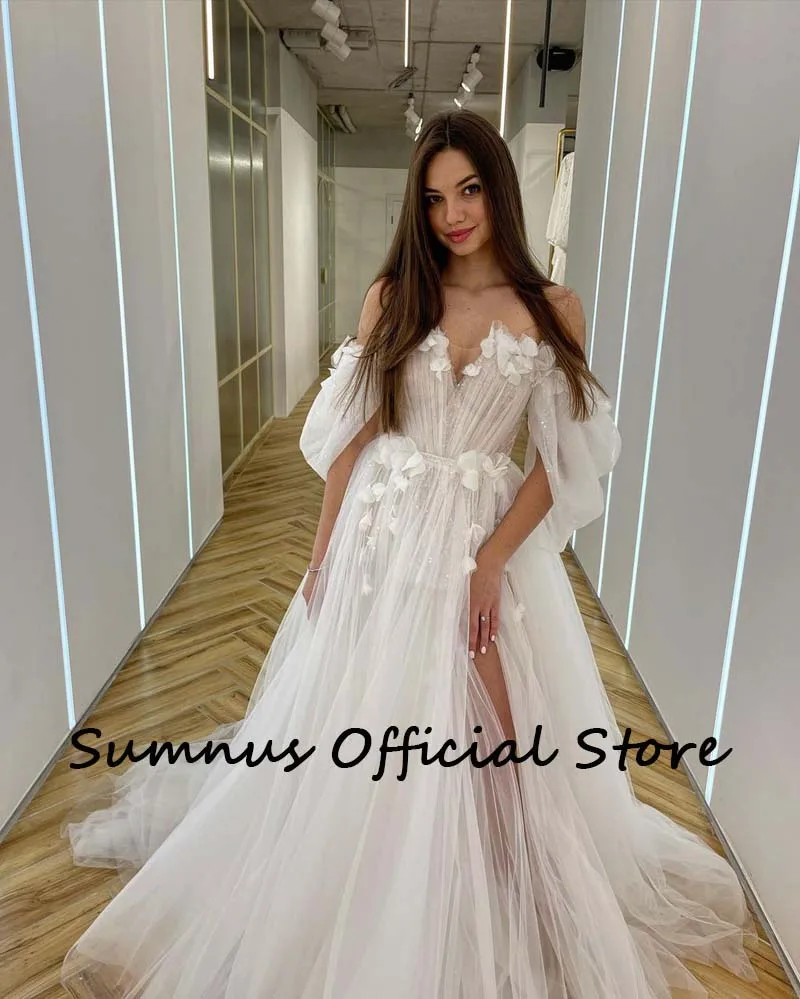 Sumnus Tulle Wedding Dress Off The Shoulder 3D Appliques Side Slit Bride Dresses A-line Princess Wedding Gown Vestidos De Fiesta