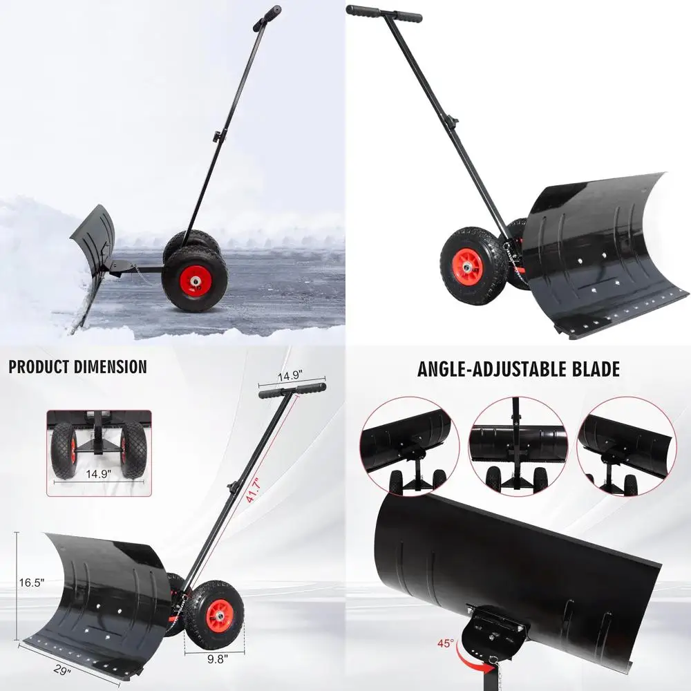 

Lightweight Metal Snow Shovel with Wheels for Driveway, 29 Adjustable Blade for Easy One-Handed Snow Removal