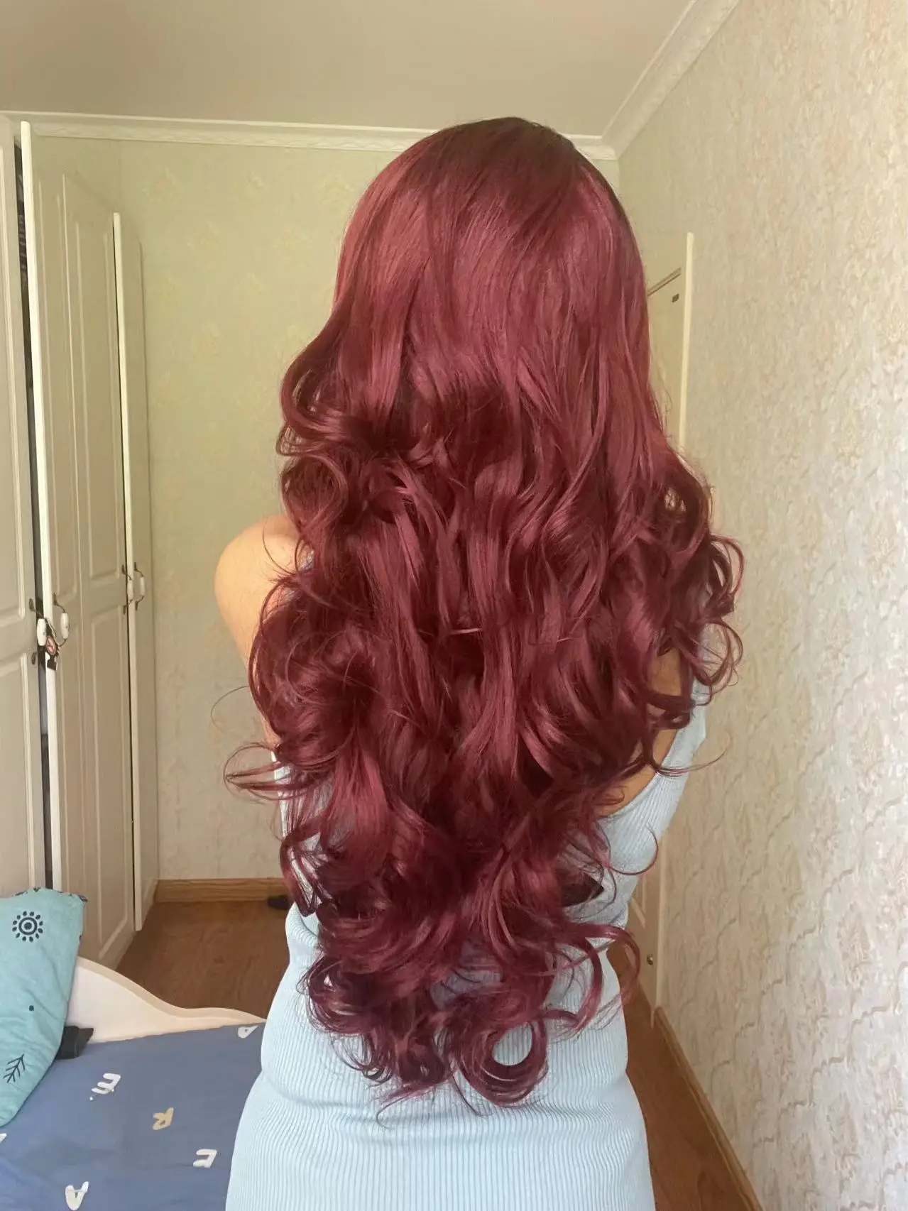 13*4*1 Side Part Long Wavy Brown wine red Synthetic Lace Front Wig with Baby Hair for Women Daily Party