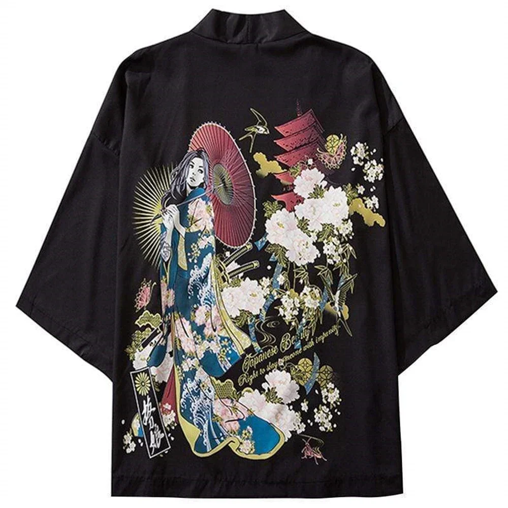 Cárdigan con estampado de Geisha japonés para hombre, Tops cómodos informales de verano, Kimono de manga de tres cuartos a la moda, talla grande