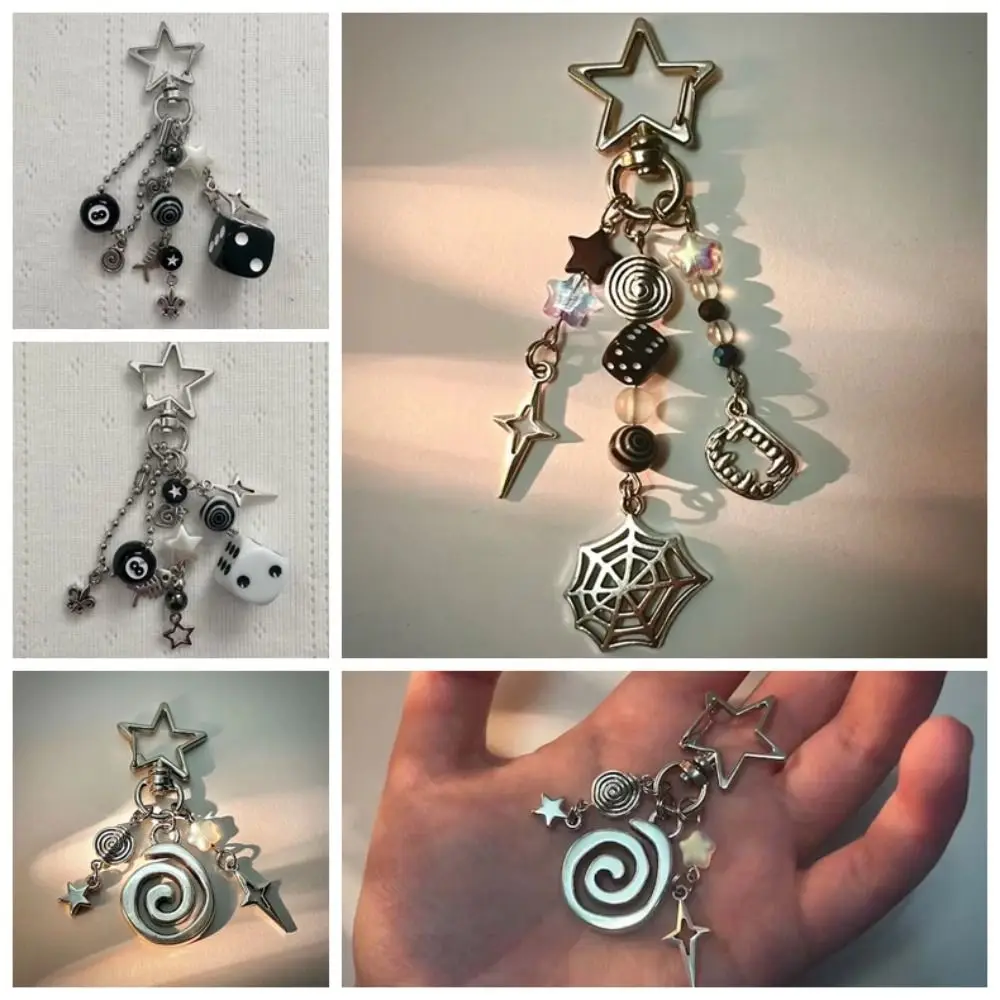 Fashion Star Shaped Rockstar Keychains Black & White Handmade Spider Web Keychain Keyrings Beaded Y2k Pendant Backpack