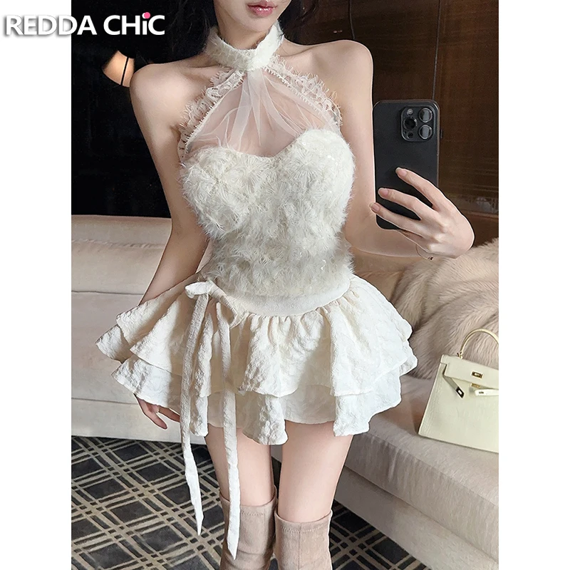 REDDACHiC Sequined Furry Top Skirt Matching Set Hollow Lace Halter Sleeveless Vest Bow Mini Cake Skirt Cute Lolita Women Clothes
