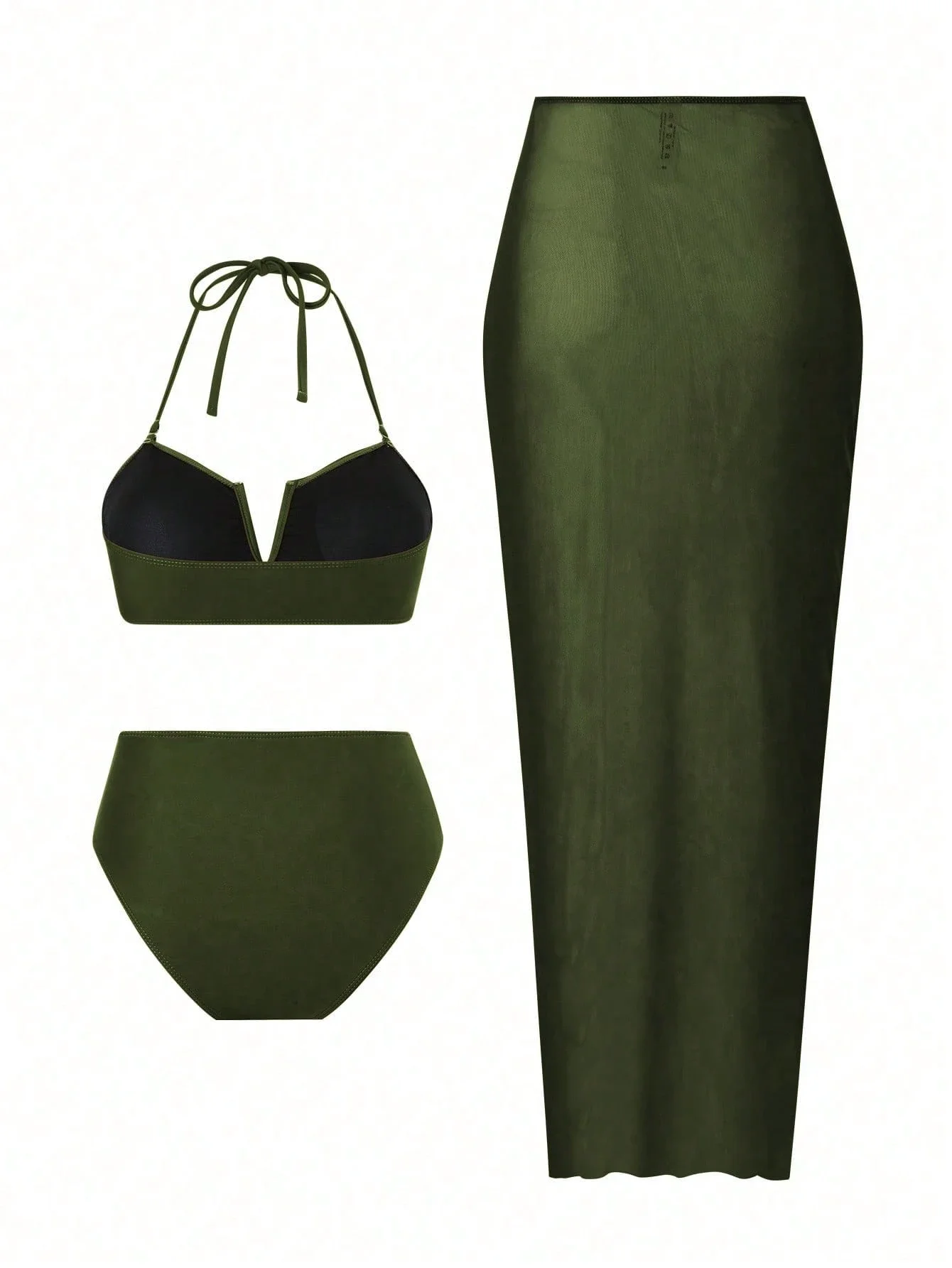 

Solid Color Bandeau Bikini Set With Mesh Maxi Cover Up For Beach Resort