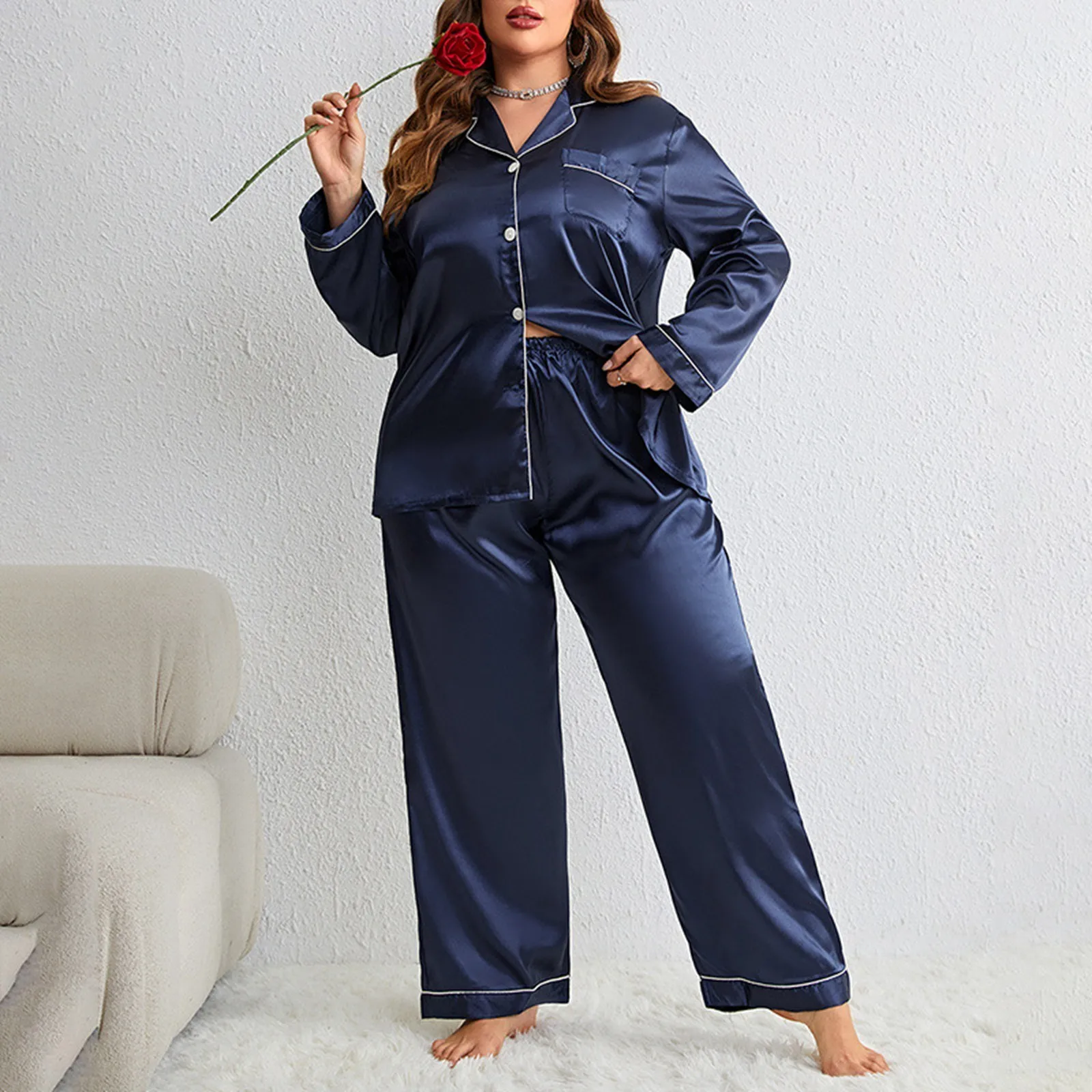 Women's Lapel Long Sleeve Trousers Cardigan Imitation Silk Plus Size Loose Sexy Home Suit Solid Color Casual Ladies Pajamas