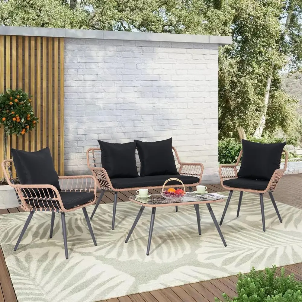 

4-Piece Outdoor Wicker Patio Furniture Set with Boho Loveseat, 2 Armchairs, Cushions, Pillows, and Tempered Glass Table
