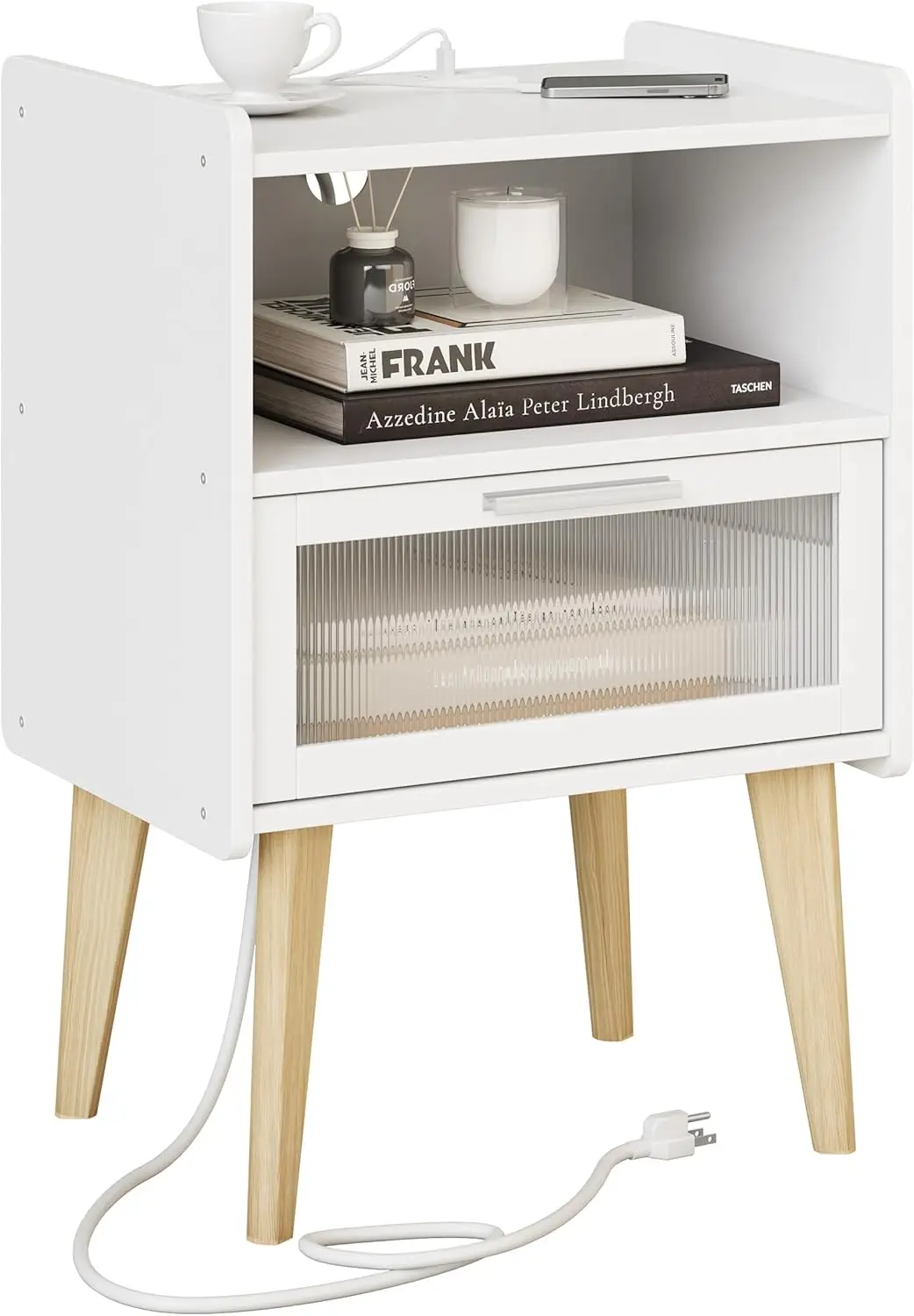 

Nightstand with Charging Station, Bedside Tables with Glass Decorative Door, End Table Side Table with 2 Tiers Storage Space,