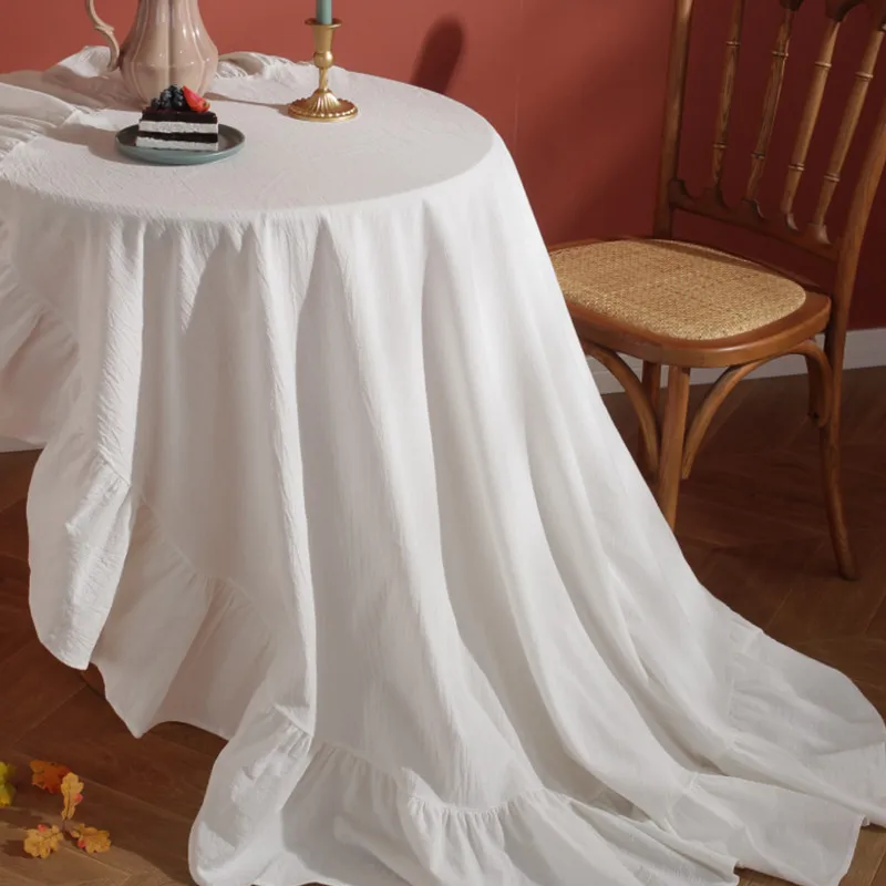 Round Cotton Tablecloth for Wedding Holiday Nordic Ruffled Photo Background Aesthetic Decor for Live Stream Photography