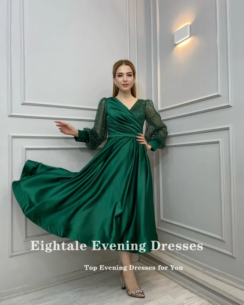 Eightale Emerald Green Prom Dresses V-Neck Glitter Long Sleeves Satin A-Line Customized Short Evening Party Gown Robe De Soiree