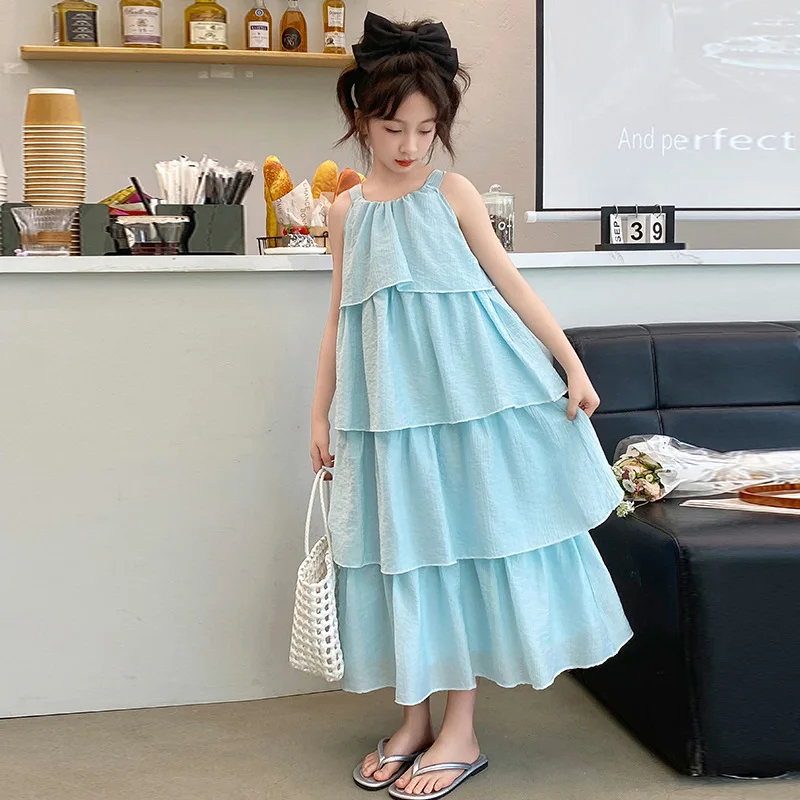 

Girls Dress 2024 Summer New Childrens Wear Girls Treasure Foreign Style Bow Hanging Halter Cake Princess Dress Casual Simple