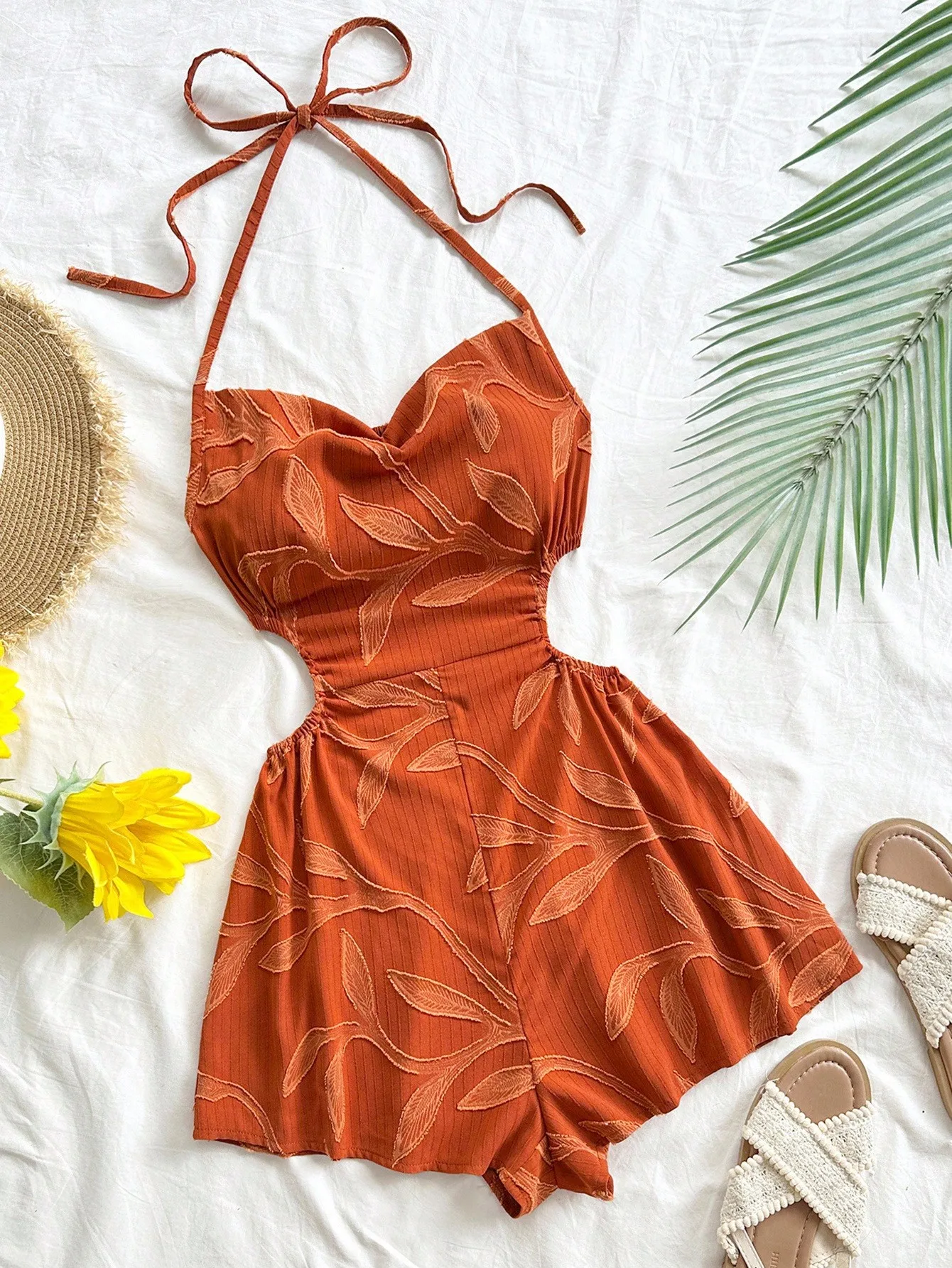 

Terracotta Halter Tie-Up Romper with Leaf Embroidery, Cut-Out Waist, Loose Fit Summer Dress
