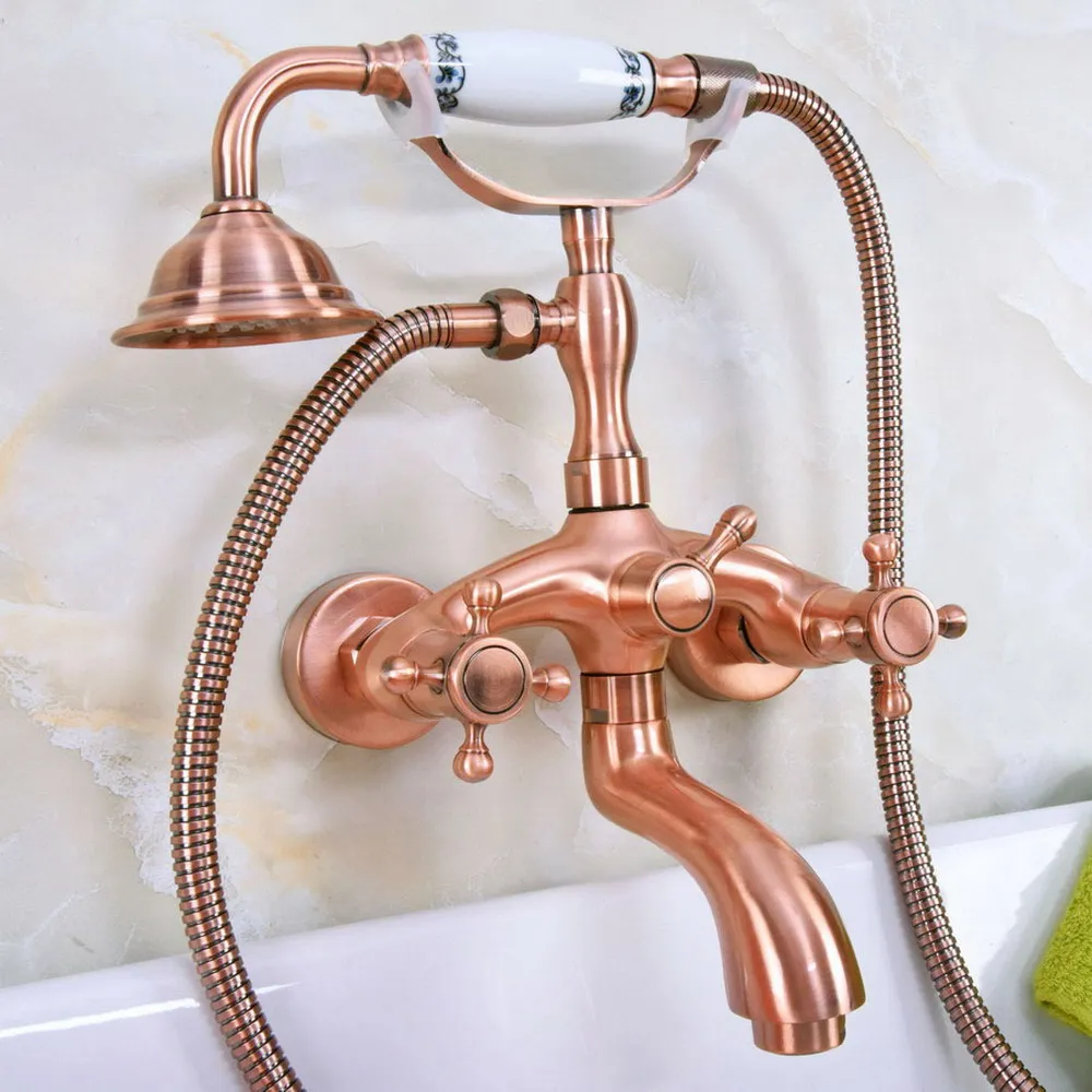 

Antique Red Copper Dual Handle Bathroom Tub Faucet Wall Mounted Bathtub Mixer Taps with Handshower Bna322