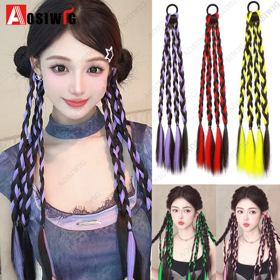 

Синтетический цветной плетеный хвост Y2K в стиле омбре, четырехплетеный, с резинкой, для повседневной укладки волос для женщин