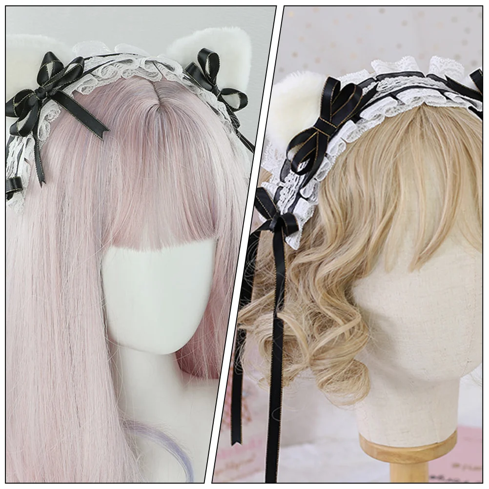 

1 комплект, кружевная повязка на голову в стиле Лолиты с кошачьими ушками, вечерние повязка на голову с бантом, вечерние повязка для волос, декор для волос для девочек и женщин, повязка на голову в стиле Лолиты, головной убор для косплея