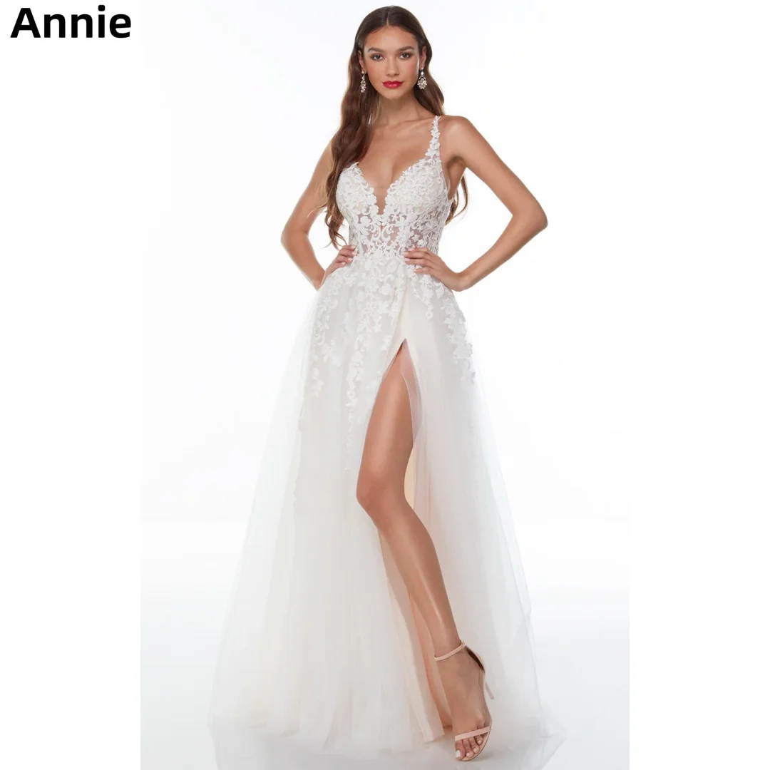 Annie Sweetheart White Wedding Dress Fairy Lace Embroidery Prom Dresses Side Slits Reveal The Back Bespoke Occasion Dresses