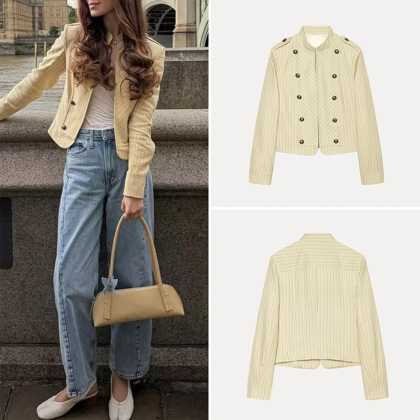 Fashionable Navy Striped Women's Jacket Summer 2026 Double Row Button Shoulder Length Outerwear Casual Style Standard Fit