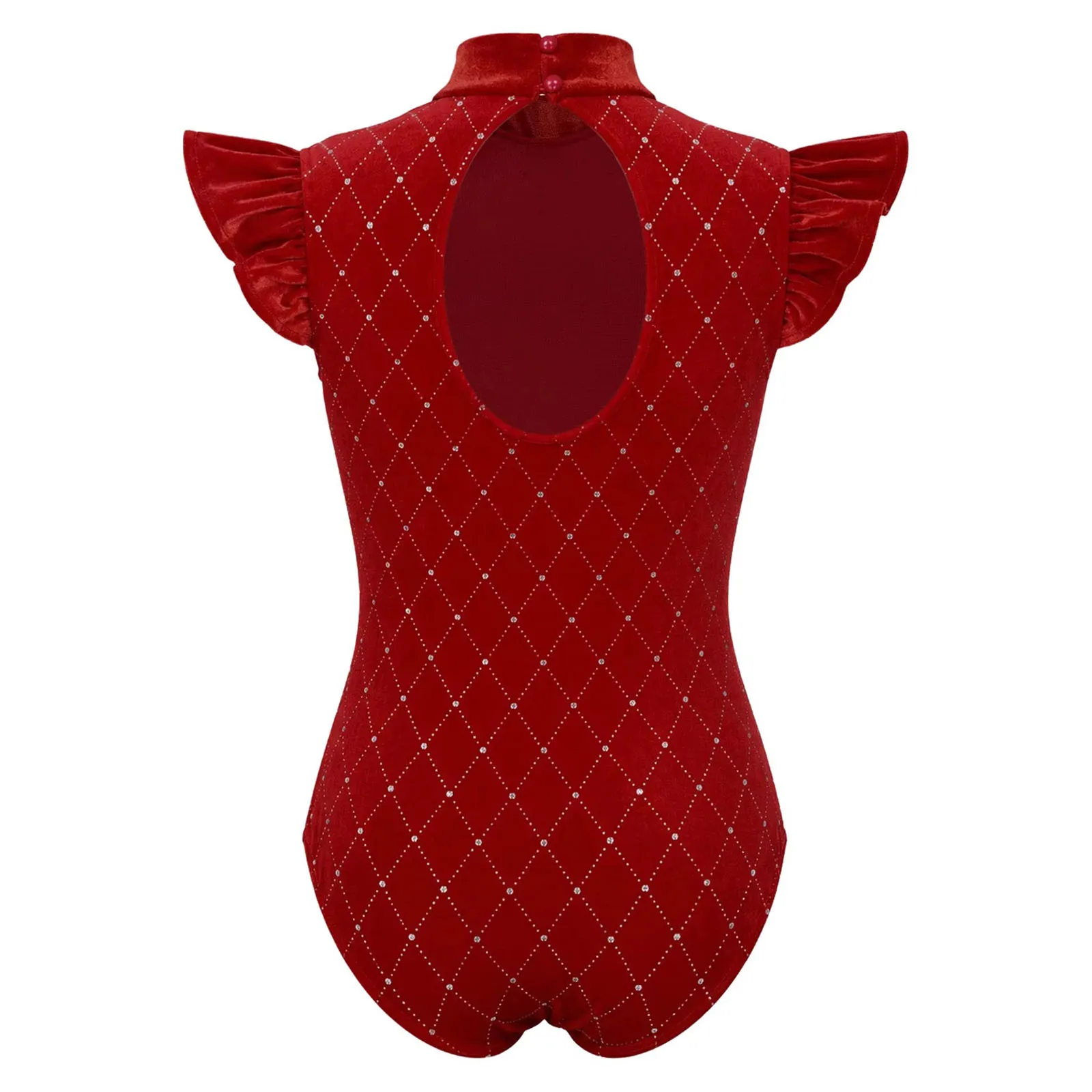 Kids Girls Metallic Rhombus Velvet Ballet Leotard Mock Neck Ruffled Cap Sleeves Keyhole Back Gymnastics Figure Skating Bodysuit
