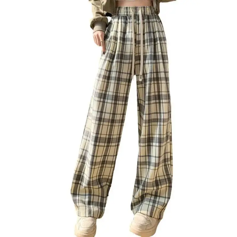 Spring Summer New Elastic Waist Fashion Wide Leg Trousers Women High Street Plaid Printing Pockets Patchwork Drawstring Pants