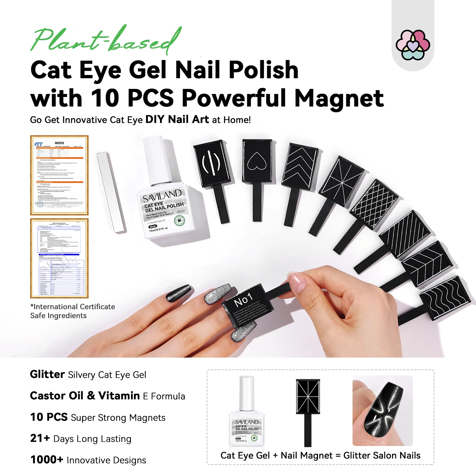 Saviland Sliver Cat Eye Gel Polish Magnet Set 15ML Glitter Cats Eye Gel Nail Polish Set with 10Pcs Strong Nail Magnet Nail Art