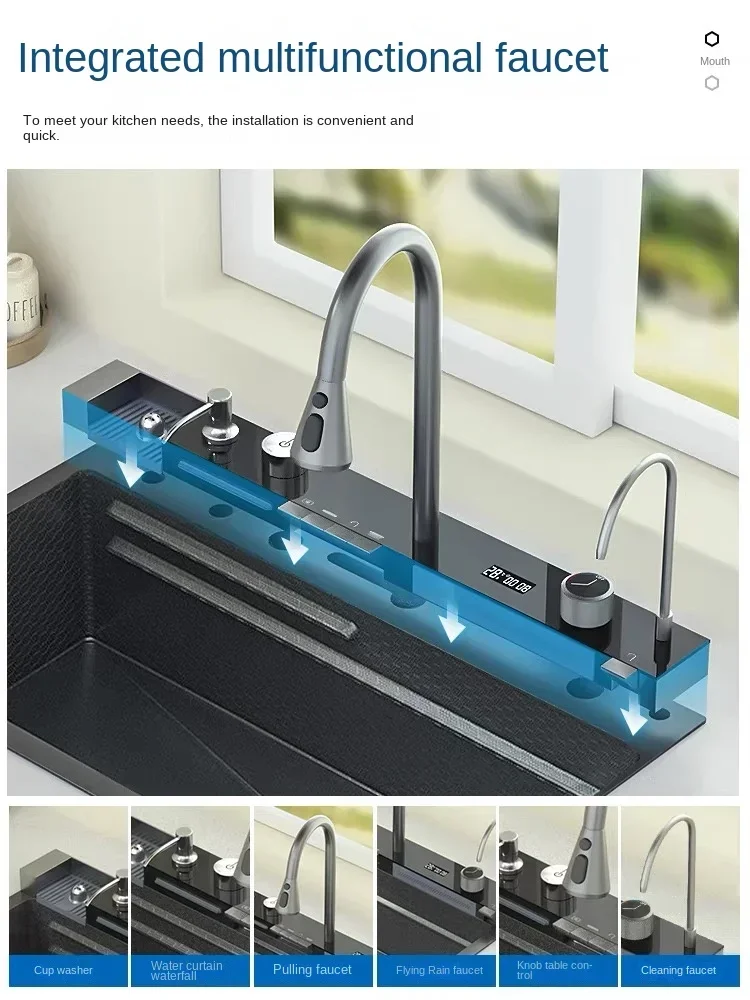 Imagem -02 - Cachoeira Kitchen Sink Slot Único Grande Integrado Digital Display Faucet Grupo Saboneteira Lavadora de Copos 304 Aço Inoxidável