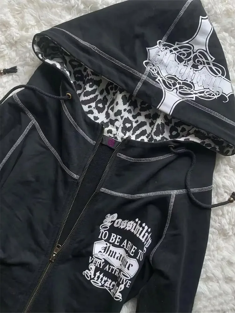 Herbst Winter Damen Y2K Gothic Zip-Up Hoodie mit Leopardenfutter, Totenkopf- und Buchstabendruck, Slim Fit, Langarm, Streetwear, mit Kapuze – Detail 5