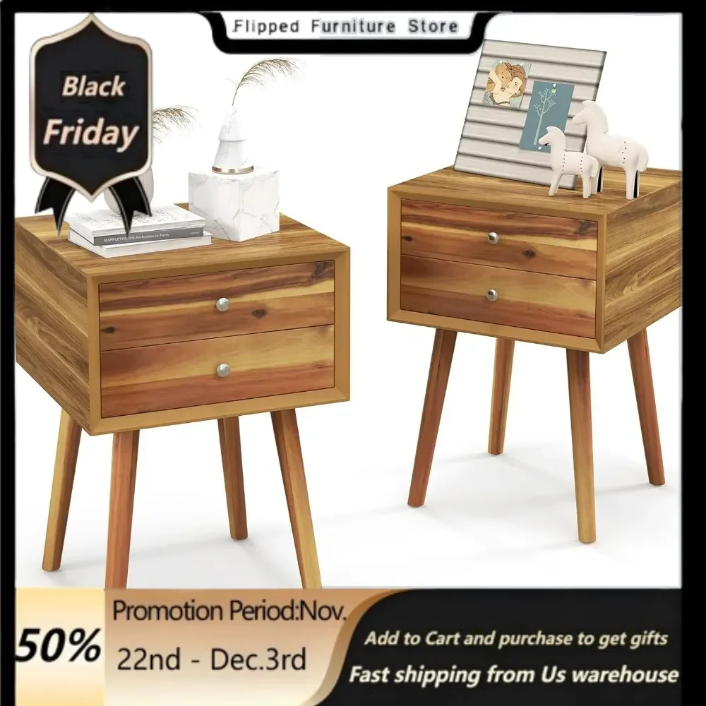 Nightstand with 2 Drawers Set of 2,  Bedside Table with Solid Wood Legs, End Side Table for Living Room Bedroom Small Space