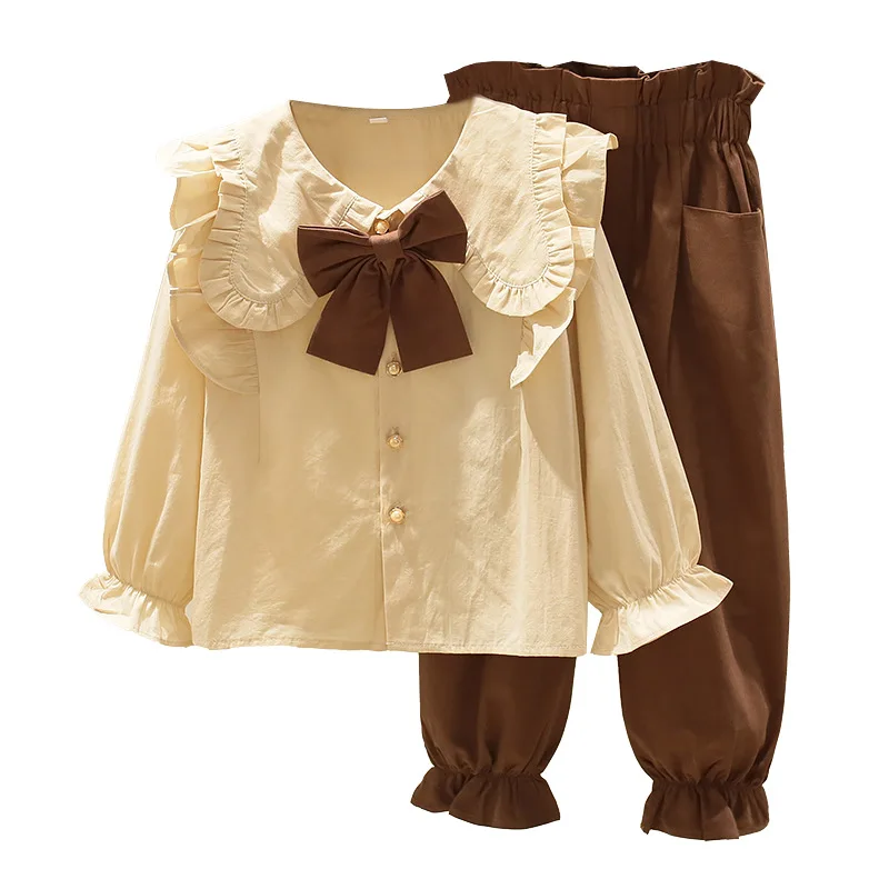 2023 spring autumn children girls clothing suits Kids bowknot long-sleeved Blouse Shirts + Pants2pcs Clothes sets
