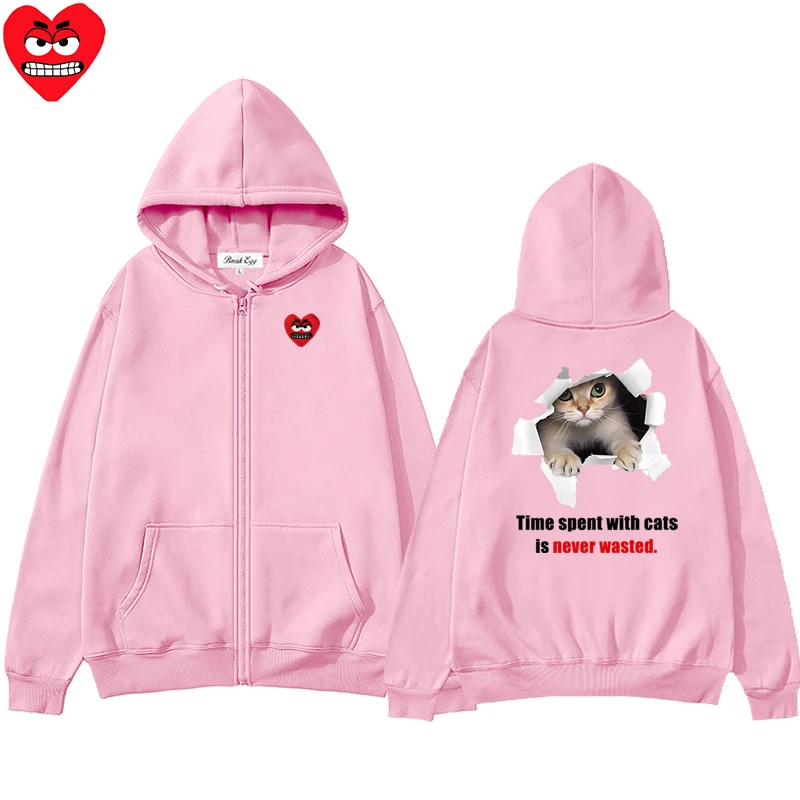 Broken Paper Pet Cat Print Men Women Zipper Hoodie Cool Cute Snag Heart Embroidery Polyester Pocket Loose Thin Autumn Sweater