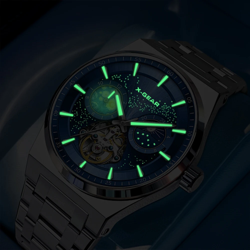 ساعة X-GEAR للرجال بحركة ميكانيكية وسوار من الفولاذ المقاوم للصدأ وهيكل عظمي ممتاز ومضيئة ومقاومة للماء