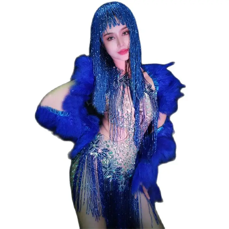 New Sexy Pole Dance Gogo Costume Flash Diamond Blue Fringed Dress Fur Coat Female Dj Ds Stage Clubwear Festival Rave Outfit Set