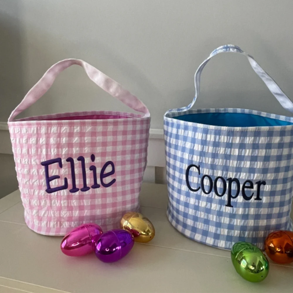 New Personalized Easter Baskets Custom Embroidered Name Kids Easter Basket Seersucker Monogram Easter Tote Candy Bag