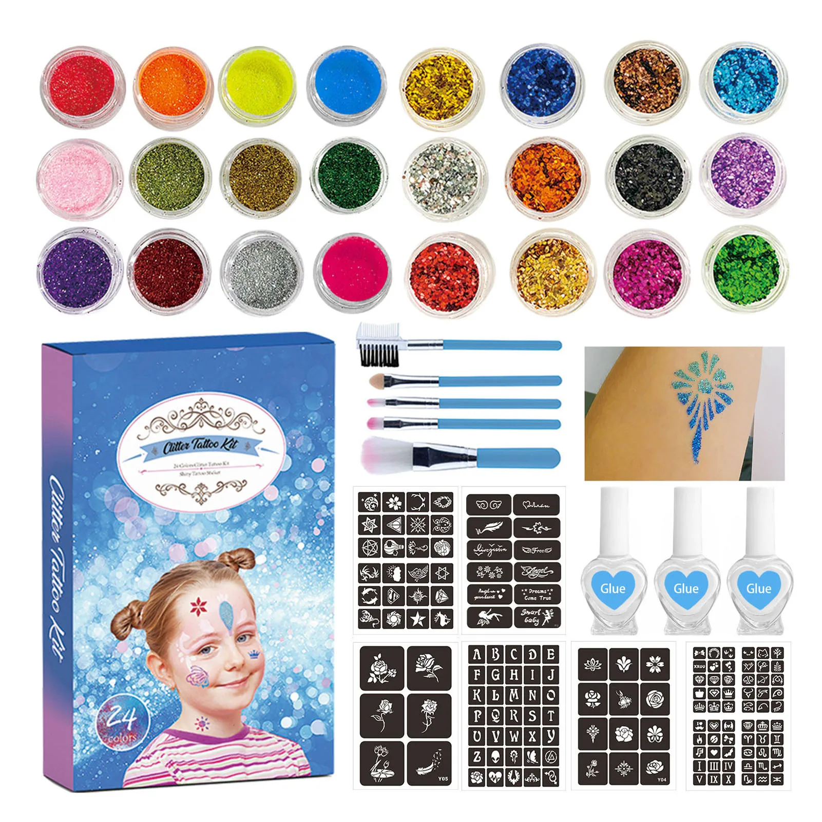 Juego de tatuaje temporal con purpurina de diamante colorido, brocha de maquillaje en polvo brillante, pegamento para tatuaje, fiesta, cara, arte corporal, Kits para niños