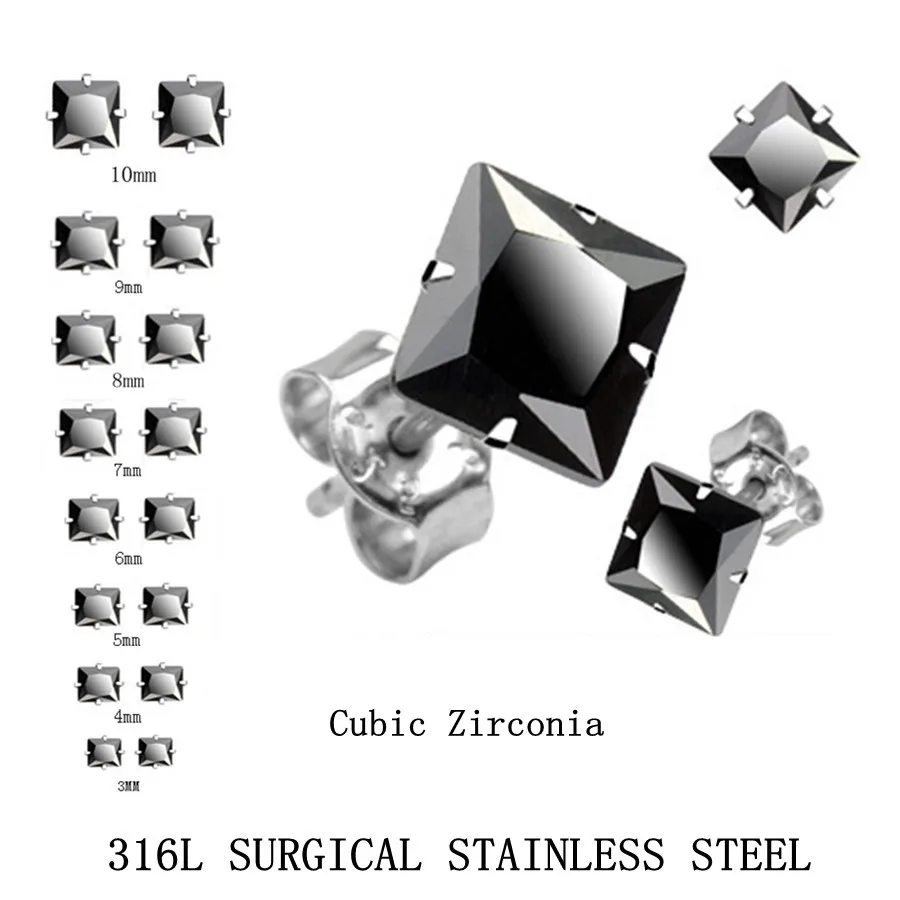 LUXUSTEEL 10Pairs/Card Earrings for Women Men Black Square Cubic Zirconia Stud Earrings Brinco Mujer Party Wholesale Jewelry
