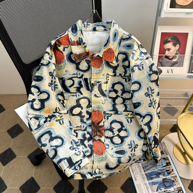 

Trendy Art Printed Men's Jackets Autumn Hip Hop Lapel Jacket Loose Casual Coats Social Versatile Social Men Clothing 2025