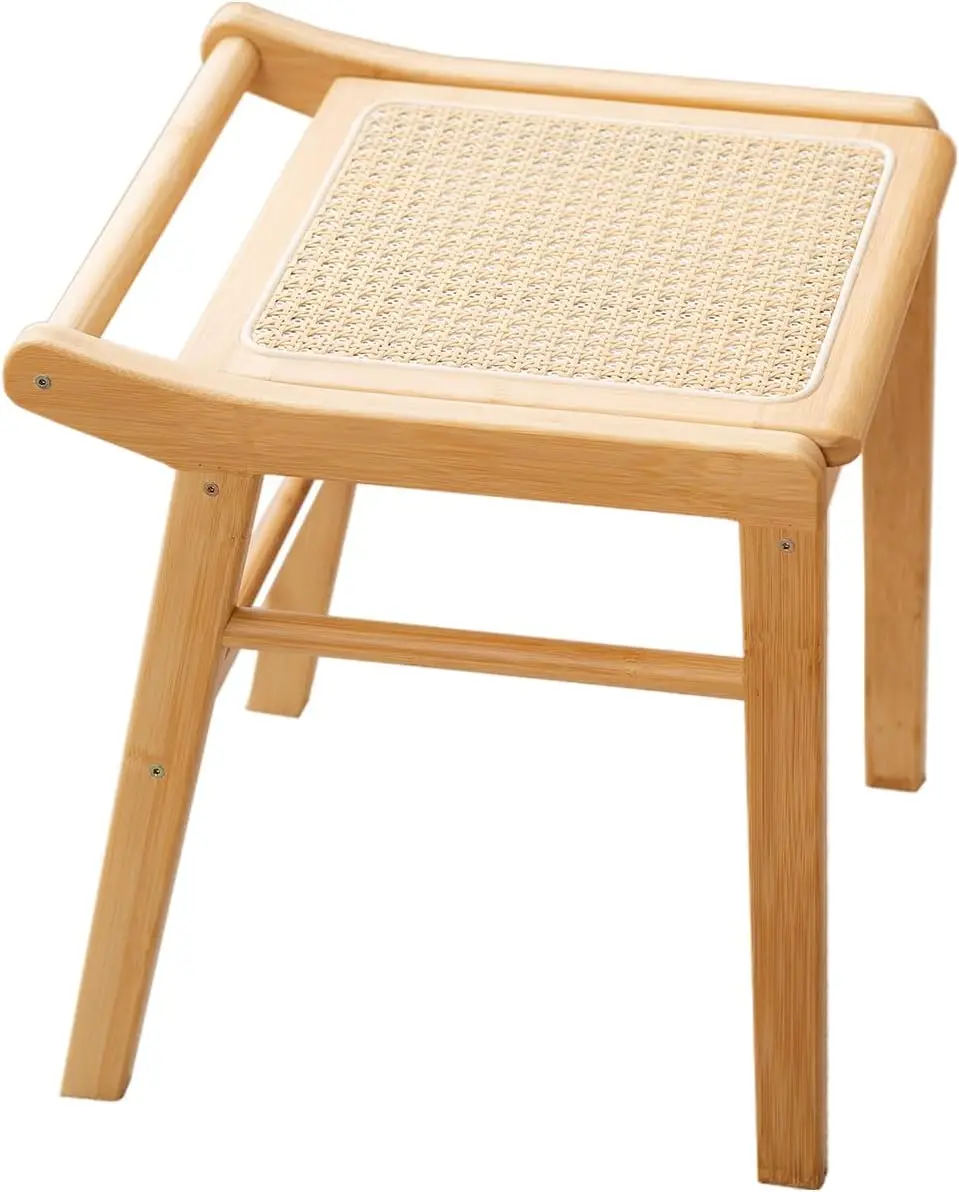 

Vanity Stool – Square Rattan Makeup Stool, Modern Bamboo Dressing Chair, Rectangular Ottoman Step Stool For Bedroom, Living