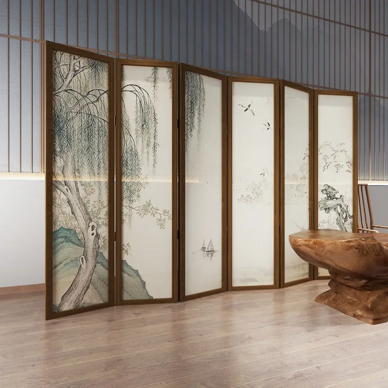 New Chinese retro screen partition living room can be moved into the home simple folding block tea room landscape decoration fol