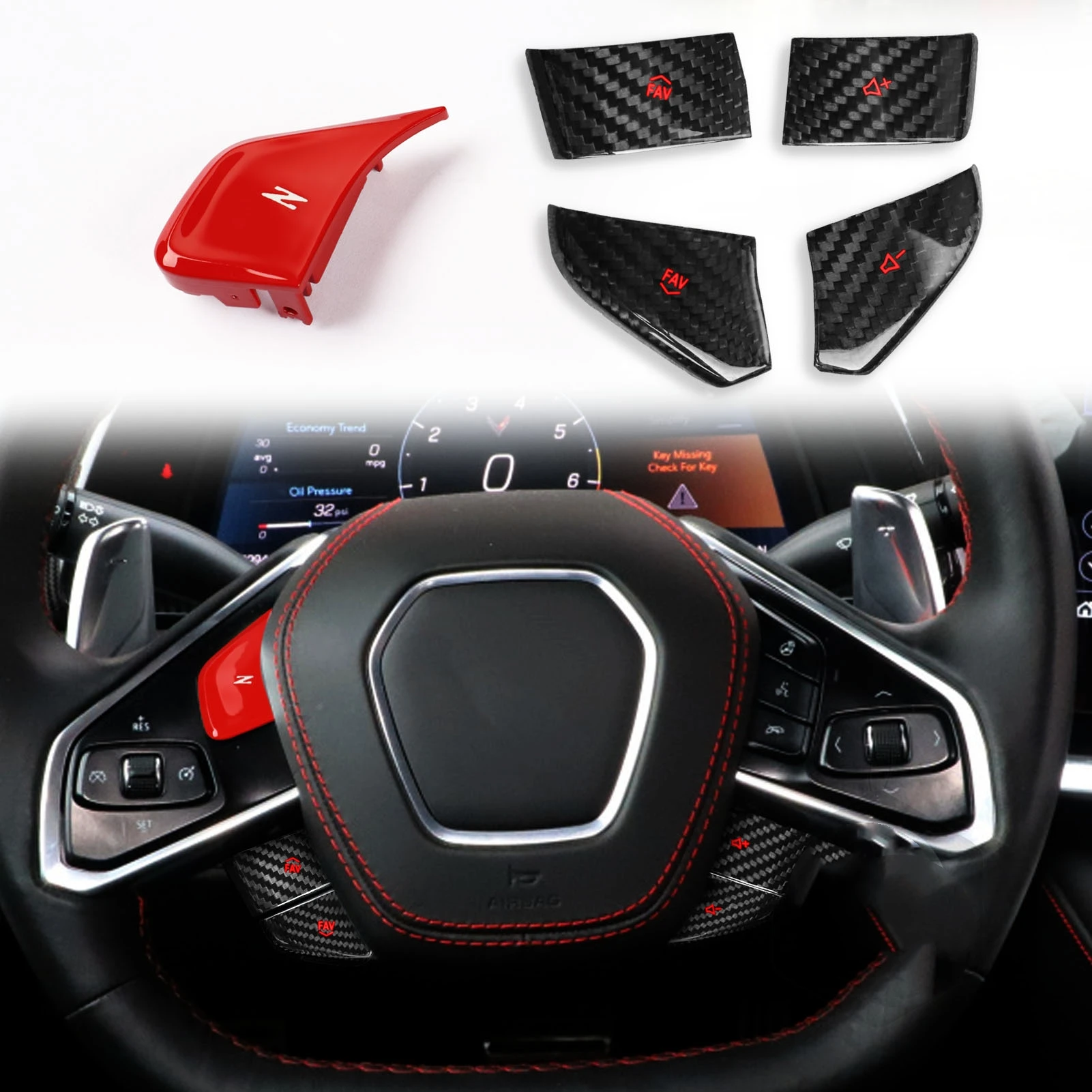 

For Chevrolet Corvette C8 Z51 2020 2021 2022 Red Carbon Fiber Car Steering Wheel Panel Switch Button Knob Cover Sticker Kit Trim