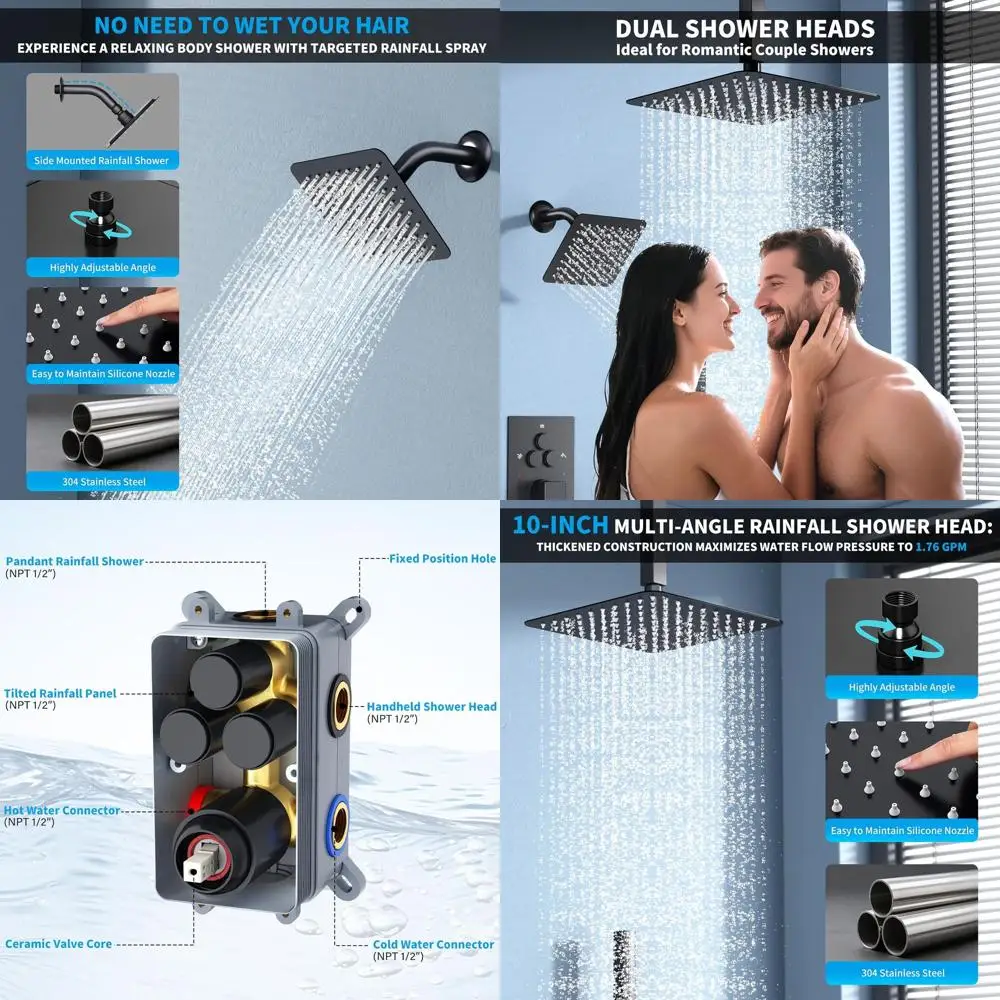 

Dual Shower System with Push Button Diverters, Rainfall Ceiling Mount and Wall Mount Heads, Matte Black for Couples