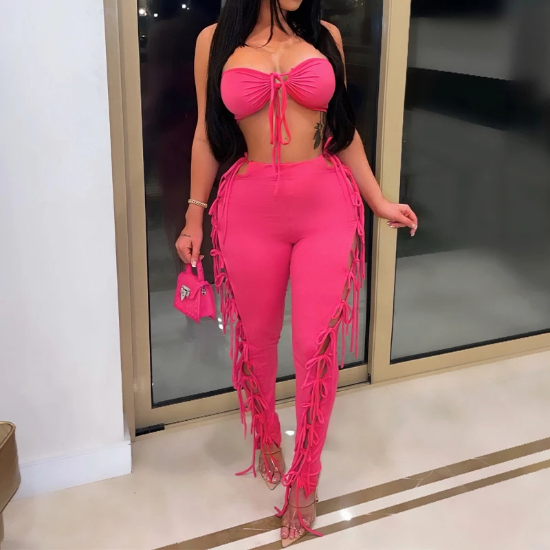 

OMSJ Irregular Hollow Lace Up Tight Two Piece Strapless Backless Top+High Waist Pants Solid Color Folds Sexy Party Female Outfit