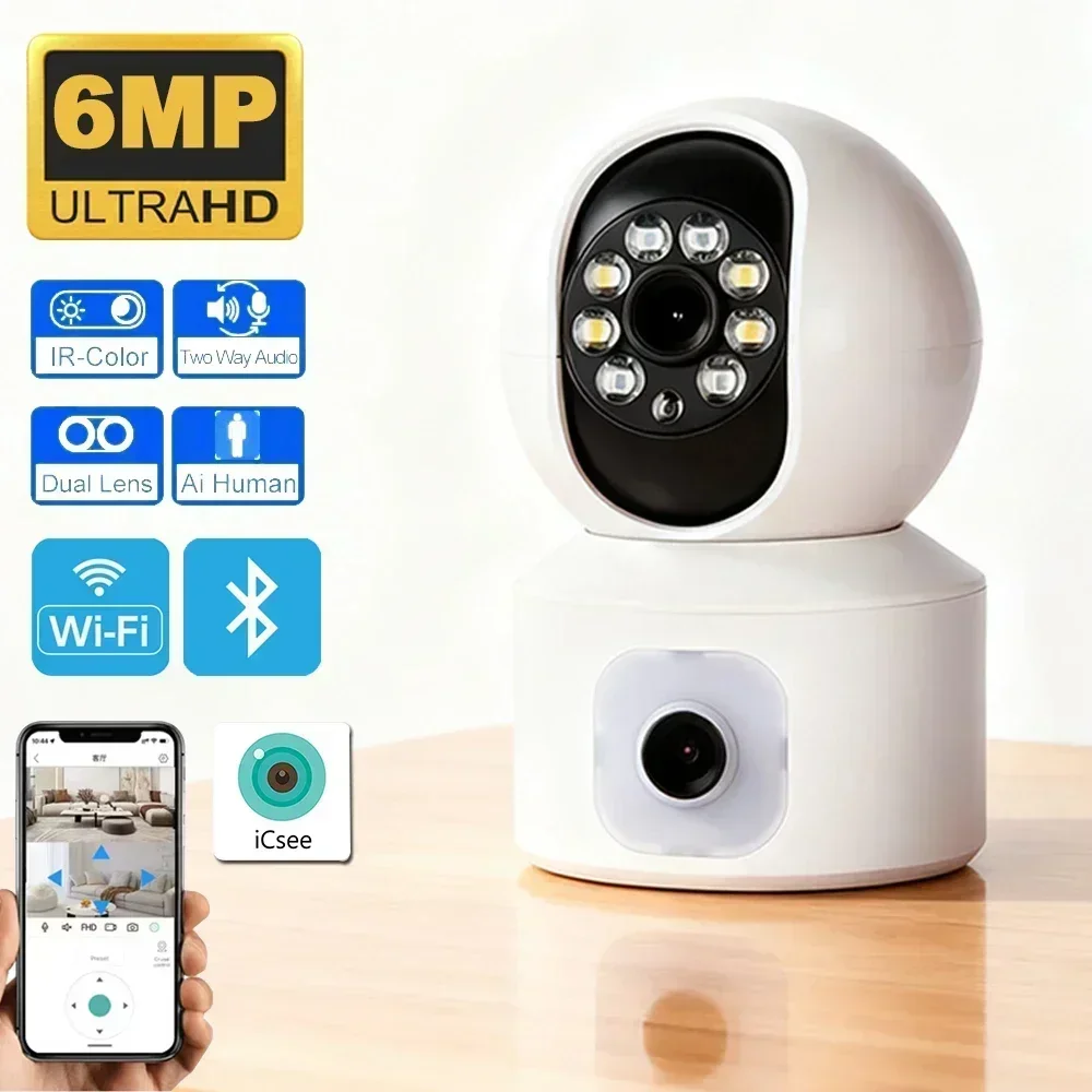 6MP ICSEE WiFi IP Camera Dual Lens Dual Screen PTZ Auto Tracking Home Security Camera Baby Monitor CCTV Video Surveillance Cam