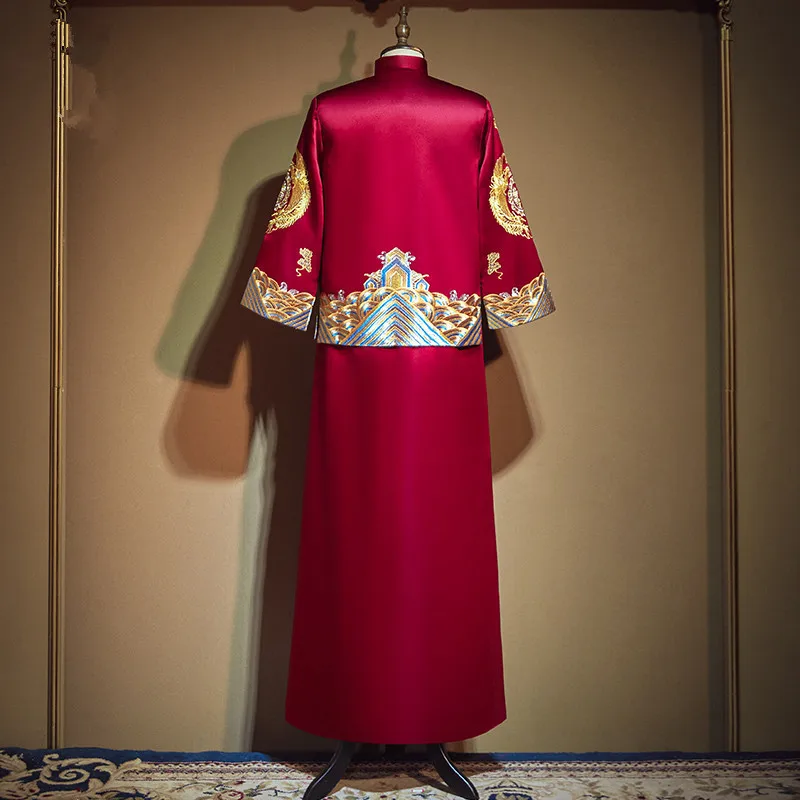 Costume de mariage Royal pour hommes, longue Robe classique brodée de Dragon, Style chinois, pour spectacle sur scène, vêtements pour toasts